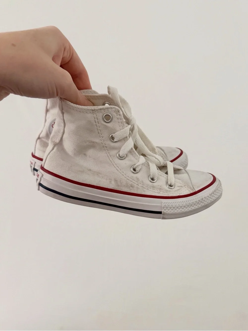 kids 12 Classic White High-Top Canvas Sneakers with Red/Black Stripe